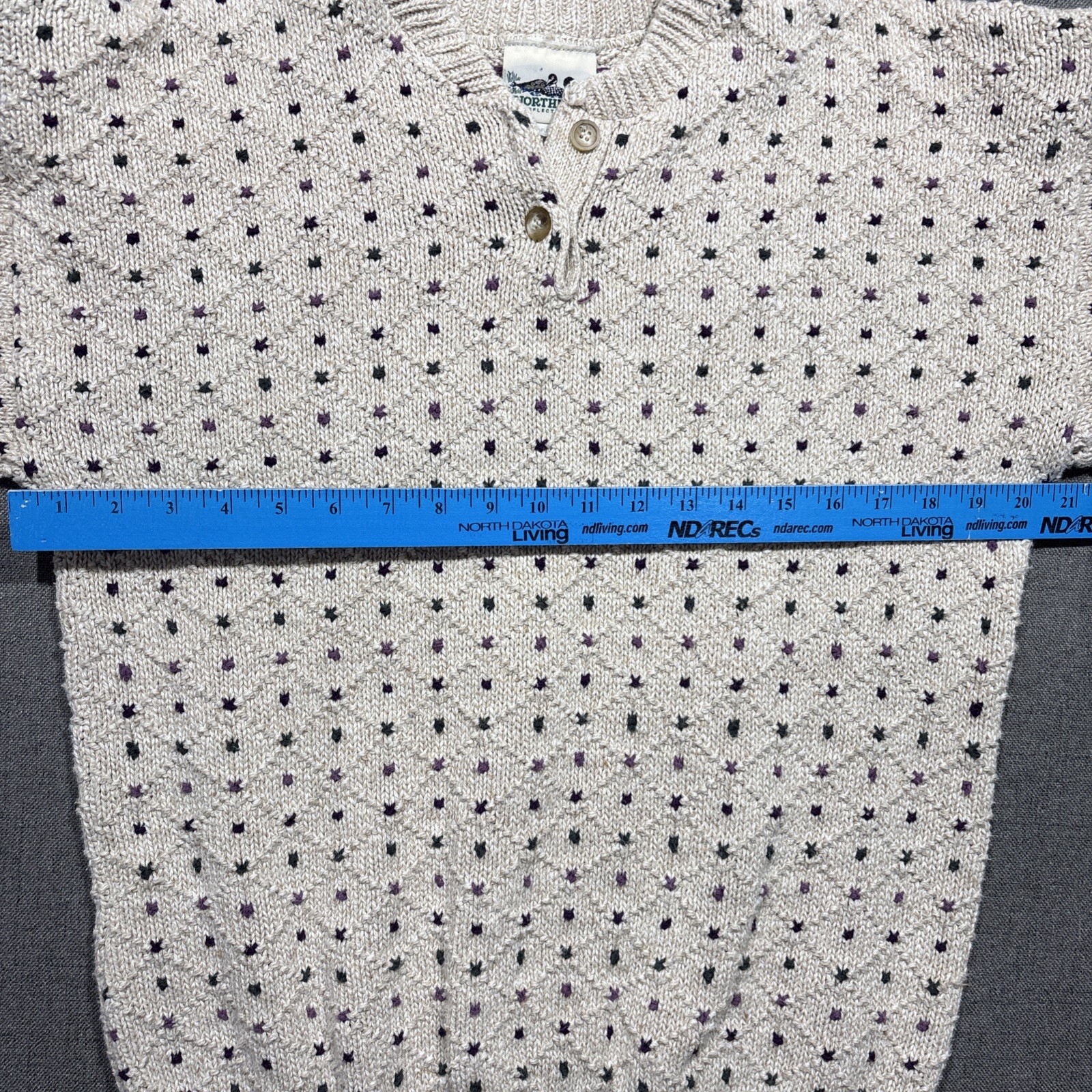 Vtg Northern Reflections Sweater Large Cream Button V-Neck Geometric Earthy USA
