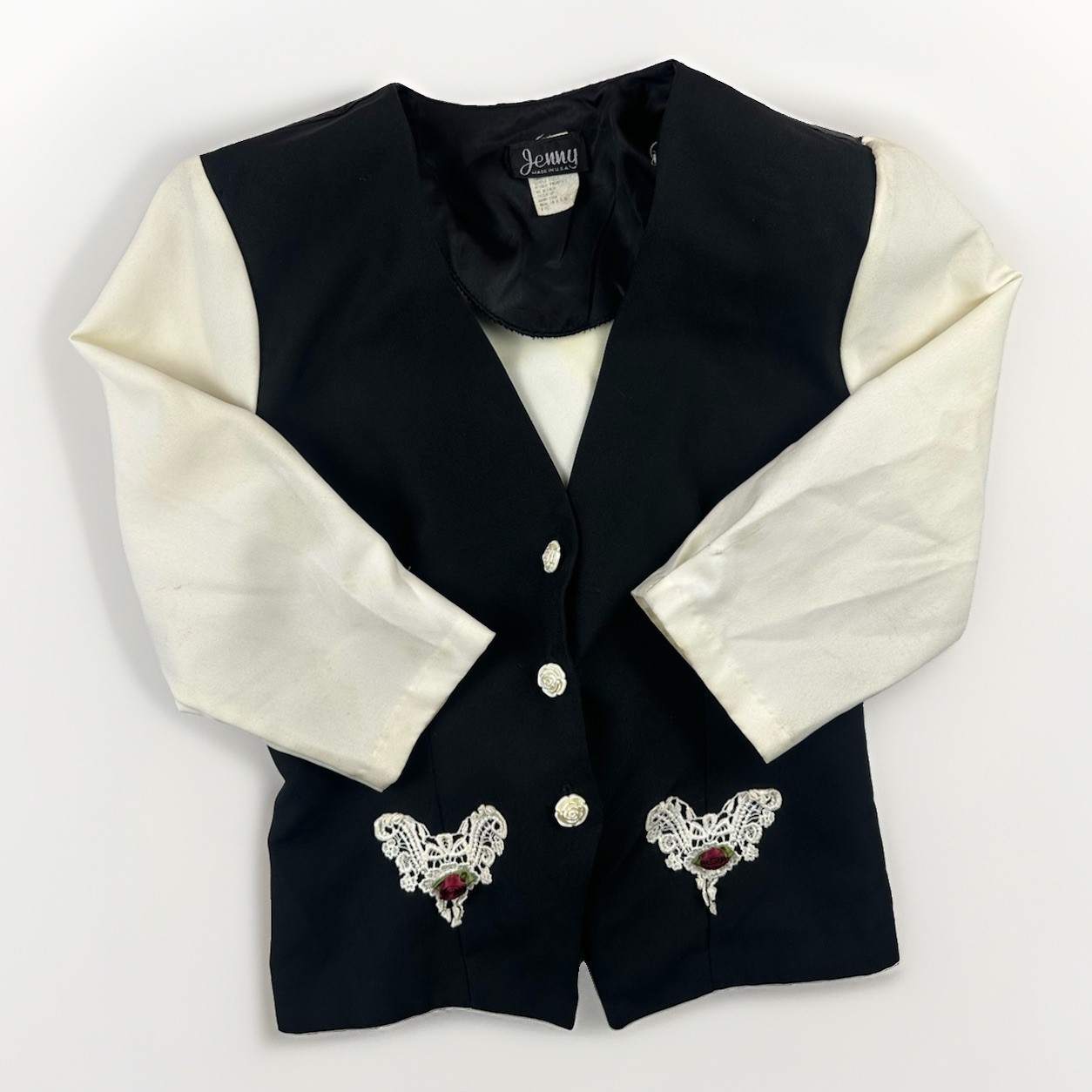 Vintage Jenny Sz 14 Black Ivory Satin Sleeve Vest Lace Rose Applique USA Made