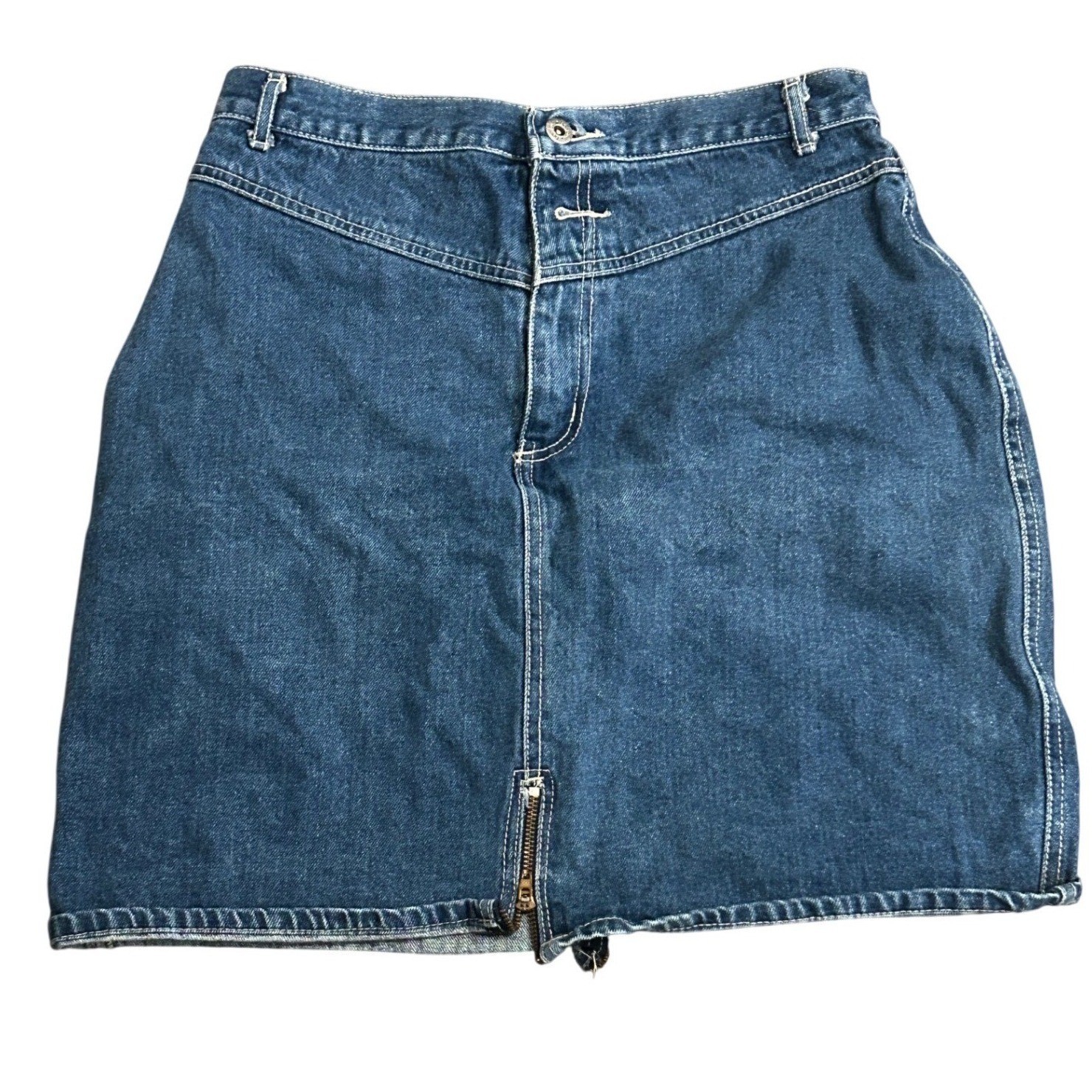 Vintage 80s Bon Jour Denim Mini Skirt High Waist 30 Front Back Hem Zipper
