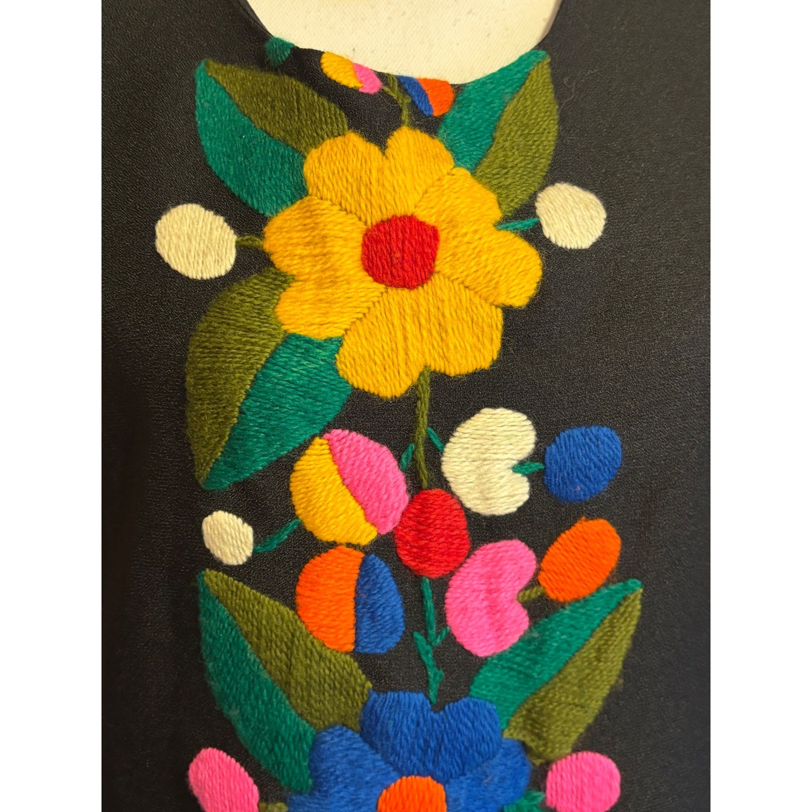 Vintage Thelma Beach Wear Mexico Floral Embroidered Black Shift Dress Midi 10