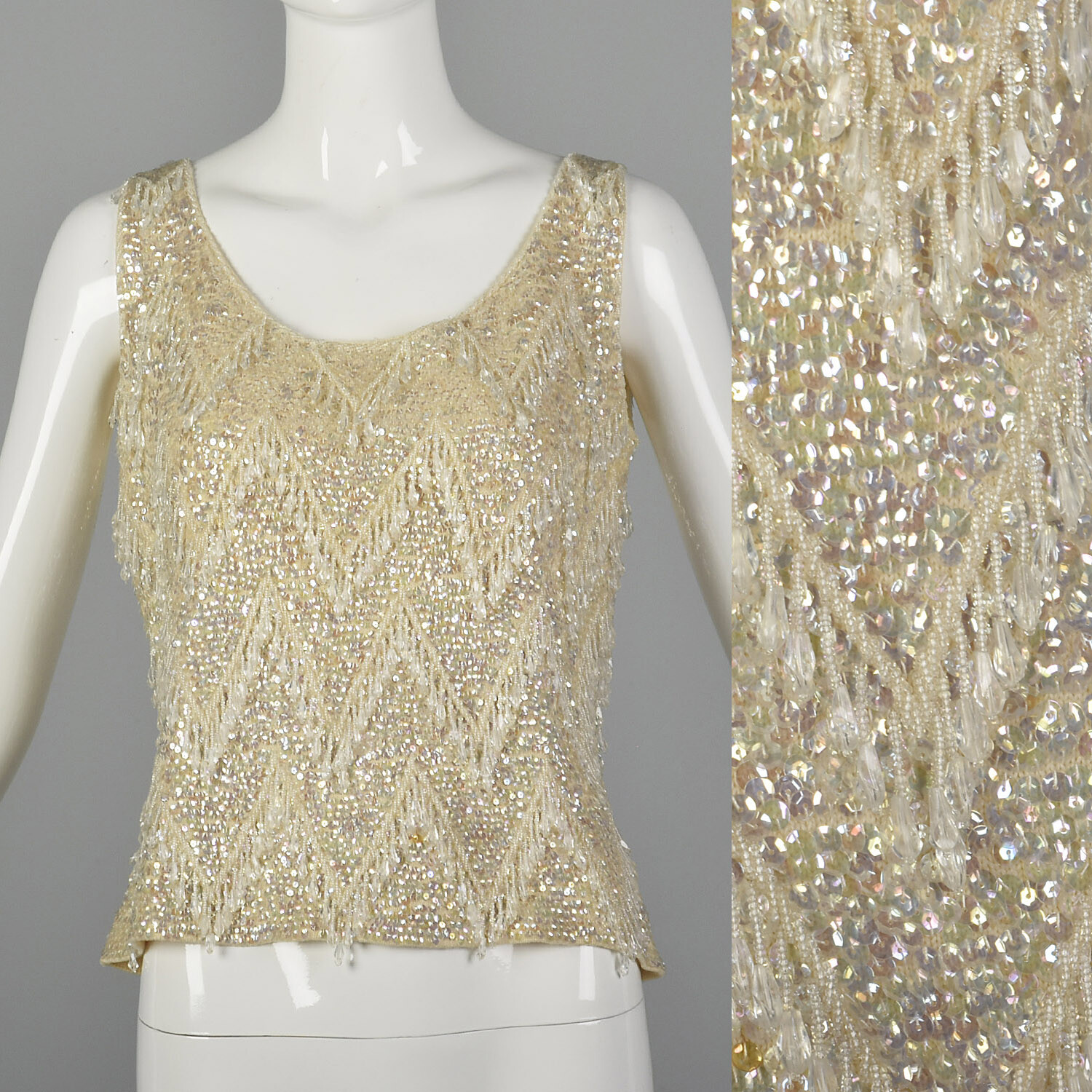 Large 1960s Sleeveless Beaded Sweater Blouse Ivory Knit Vintage Top Wedding 60s
