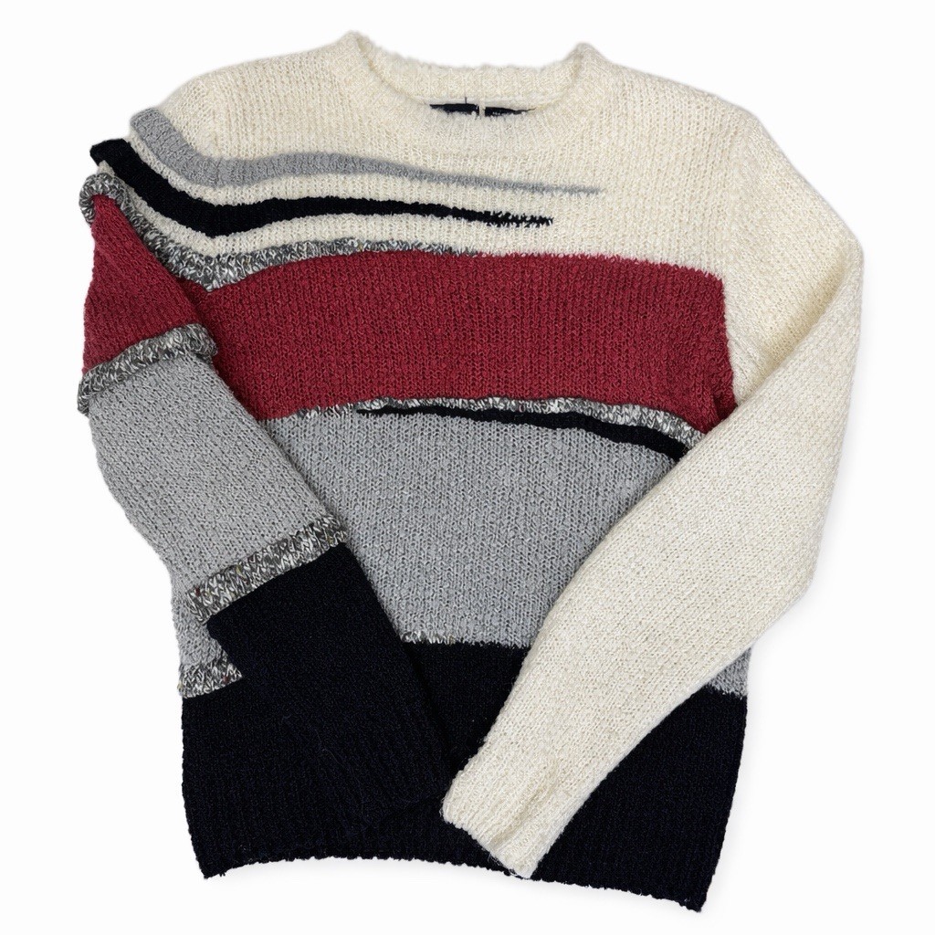 Vintage 90s Textured Boucle Colorblock Statement Sweater Red Gray Black Knit M