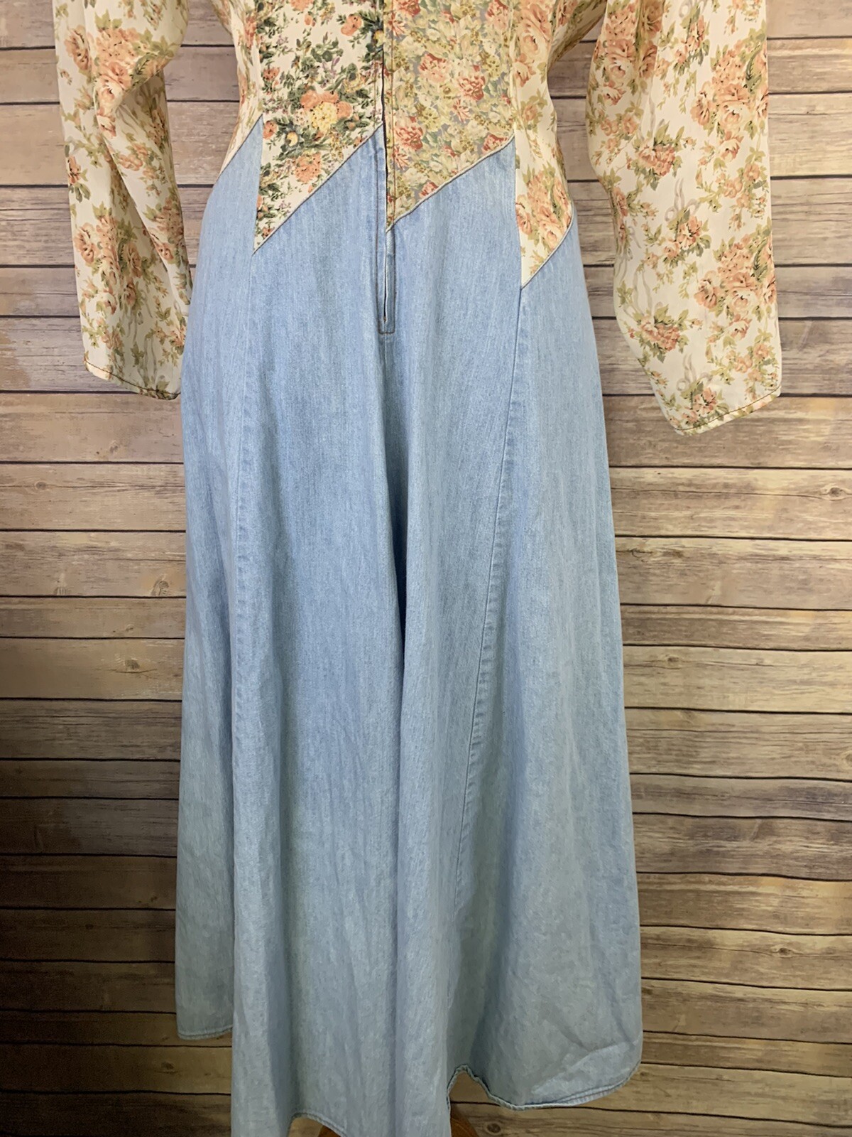Vintage Tickets Womens Dress Denim Floral Mixed Zip Back Boho Long Cottage Core