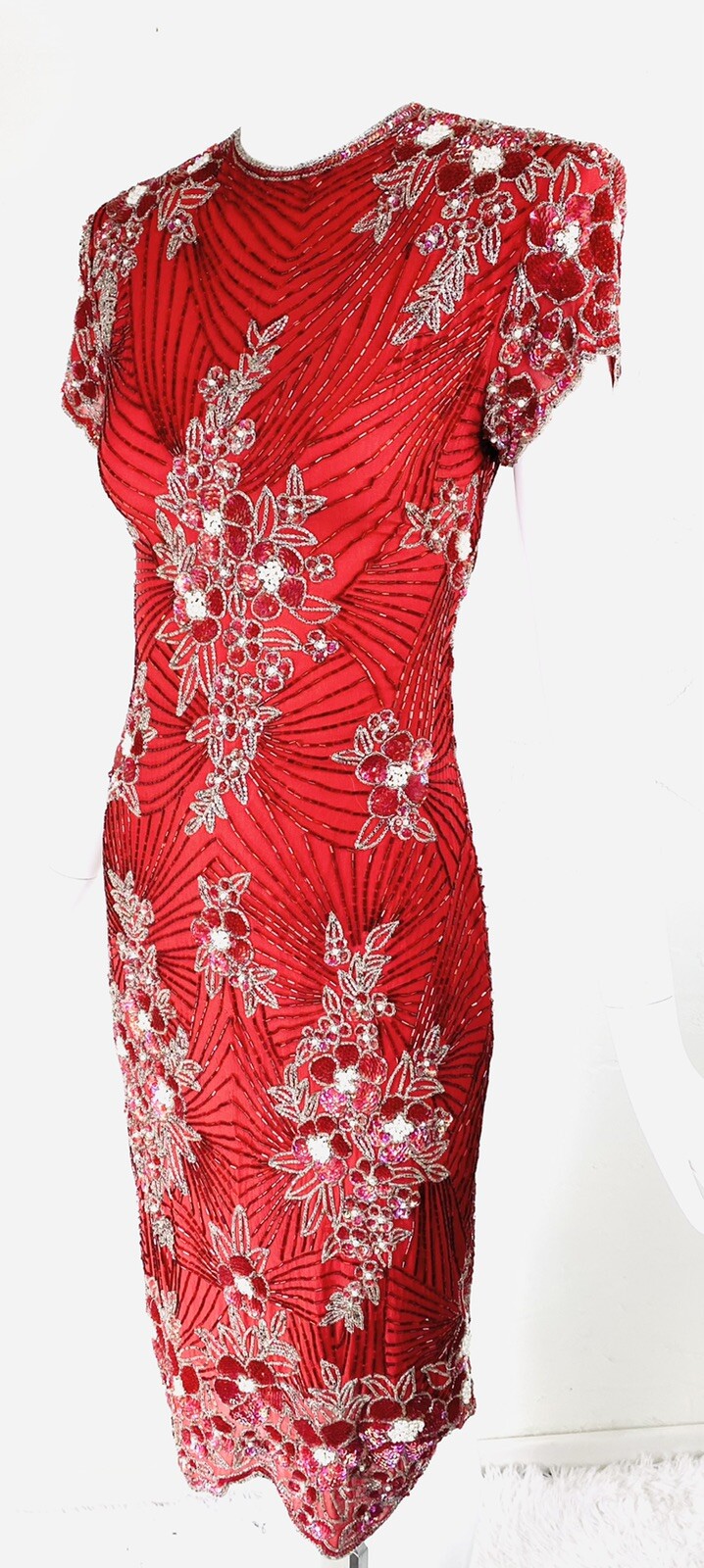 Vintage NAEEM KHAN LILLIE RUBIN Red Floral Bead Sequin Cocktail Dress Gown, XS