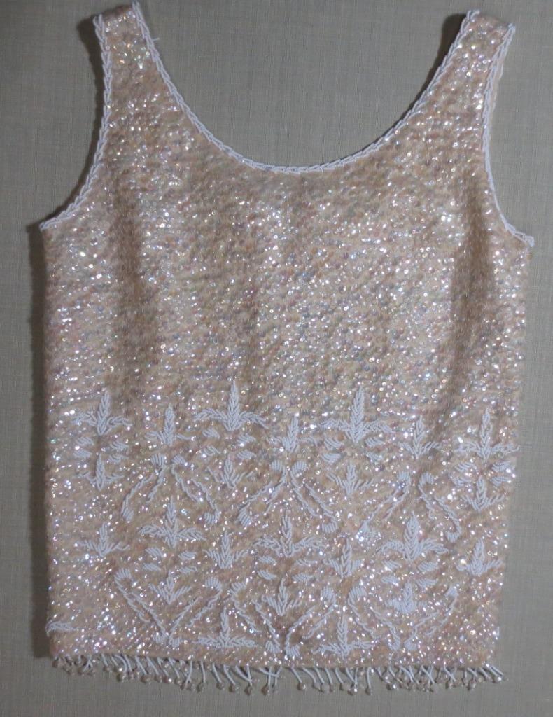 Vtg Hong Kong Wool Lined Sparkle Sequins Cream Shell Dangly Fringe Size Medium