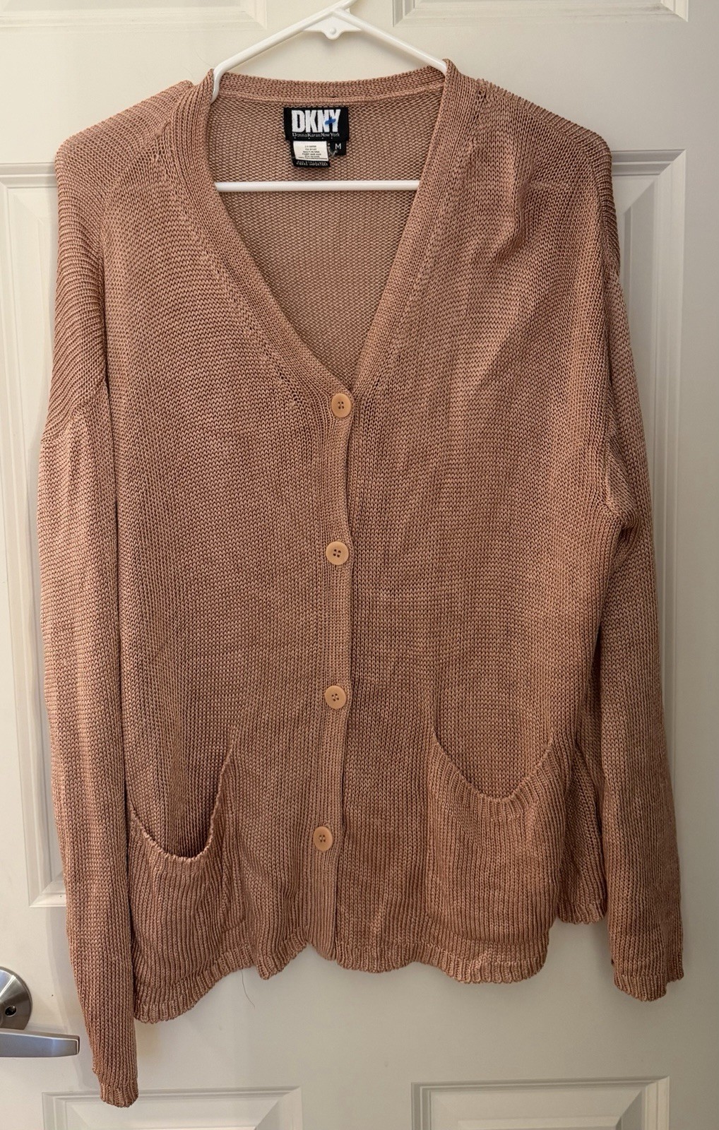 Vintage DKNY Made In USA Slinky Metallic Cardigan, Neutral Pink/Rose Gold, M