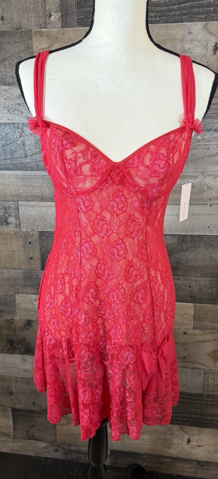 Vtg Red Bow Ruffle Bra Top Babydoll Dress Lace Stretch Lingerie Small New