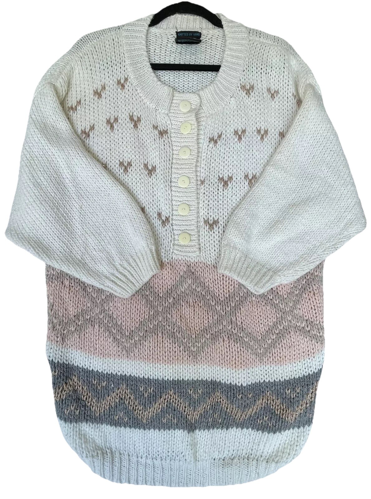 Vintage 80’s Yoido Club Sweater Womens Size Medium Cream Pink Hand Knitted Soft
