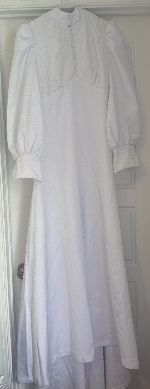 Handsewn 70s Prairie High Neck Wedding Dress Long Puff Sleeves Fits S Train