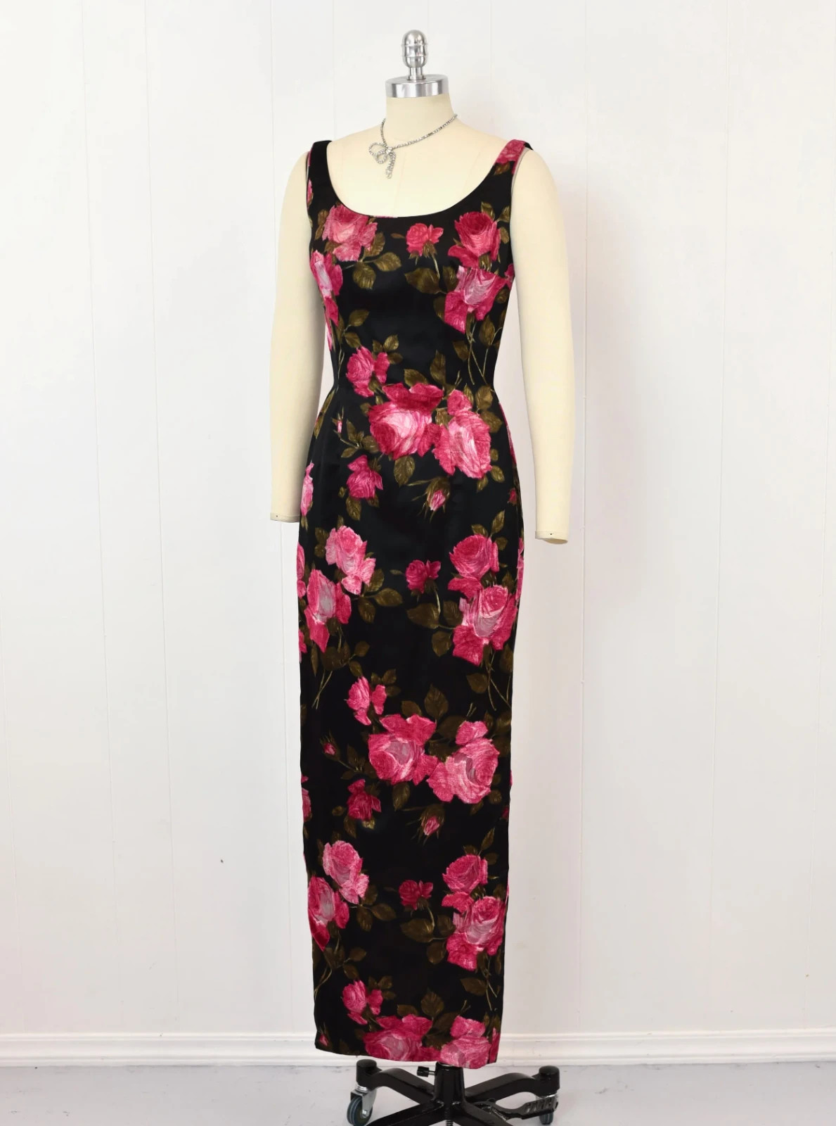 Vintage 1960s Mr. Blackwell Pink Floral Black Silk Gown Dress with Matching Wrap