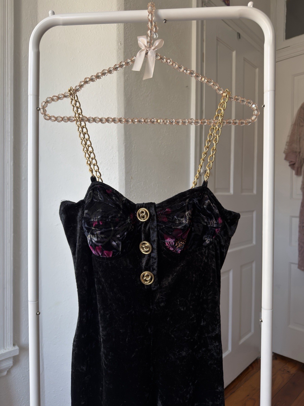 Workshop Clothing vintage early 90s crushed velvet chain strap demi bra catsuit