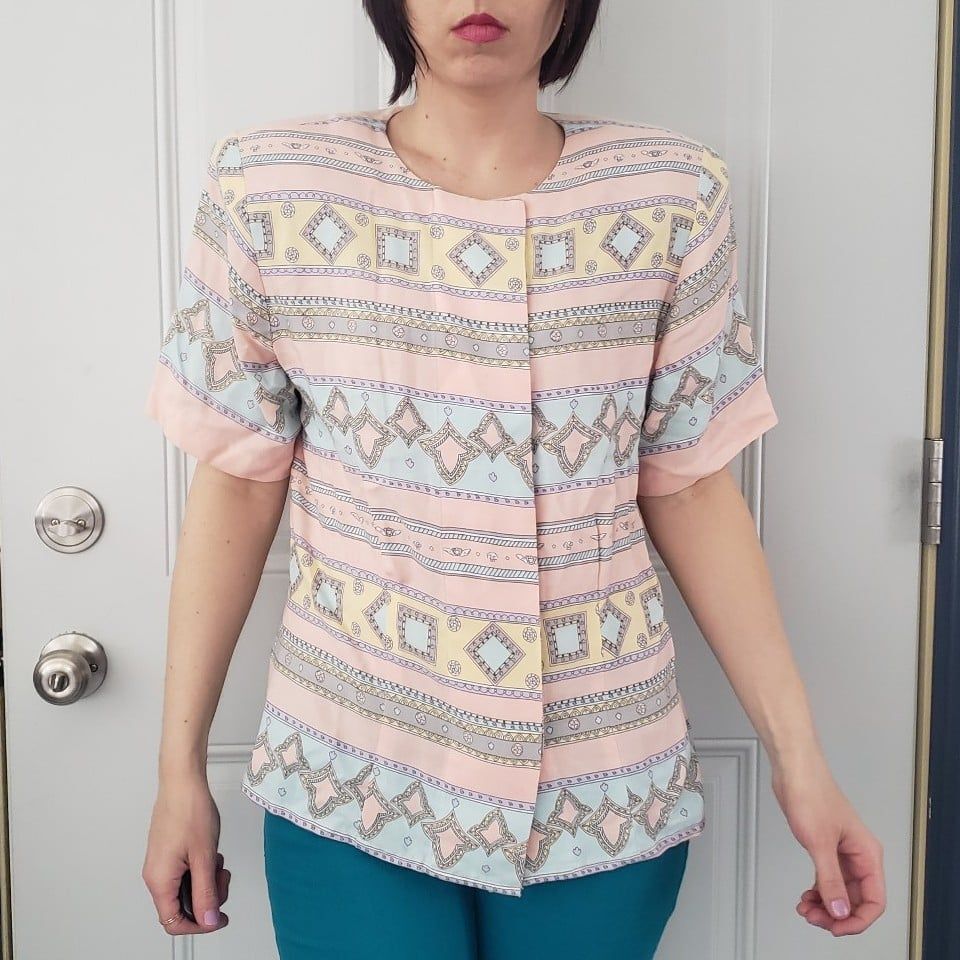 80s Pink, Blue and Yellow Rayon Button Down Blouse
