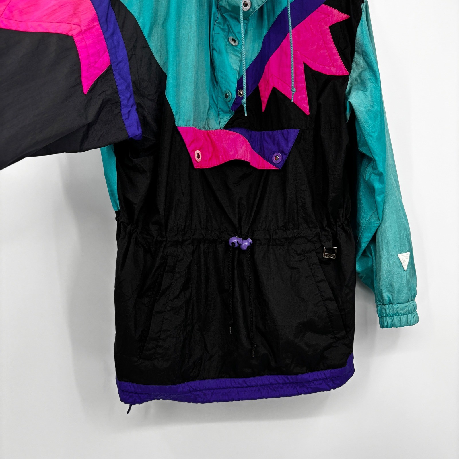 Vintage Fera Skiwear Neon Colorblock Anorak Pullover Jacket Womens 8 Black Teal