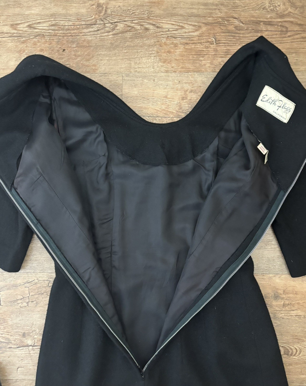 1960s Double Knit Dress Edith Flagg California Black Wool Retro Mod A Line Med