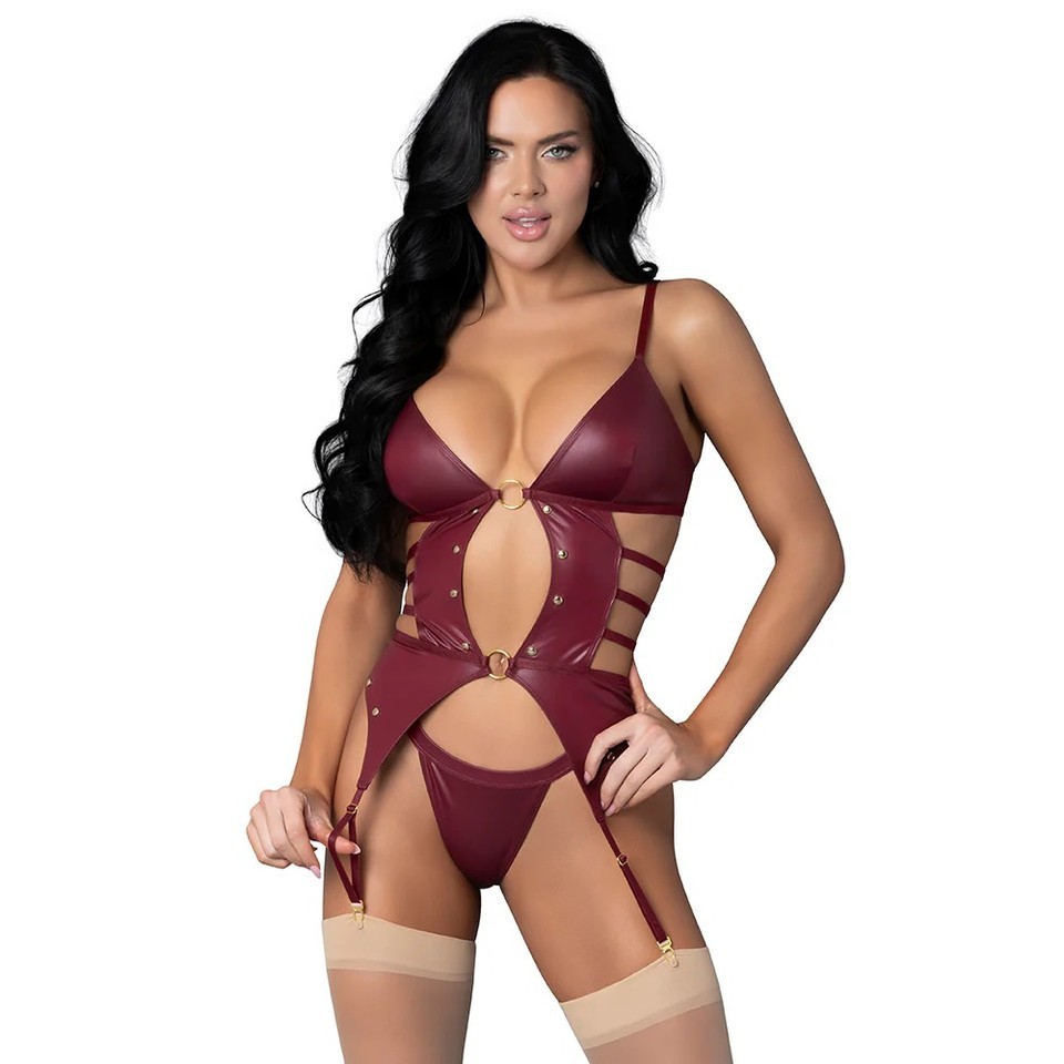 Kira Basque Adjustable Straps and Attached Leg Lingerie Small/M Burgundy, New