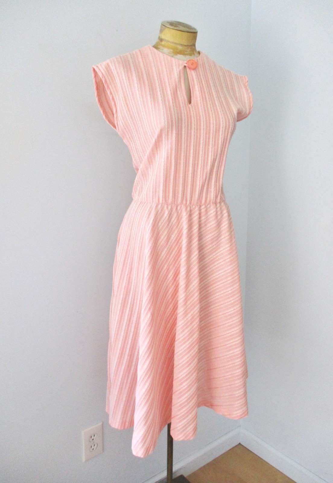 Vtg 70s Coral Pink Stripe Poly Knit Disco Secretary Dress Full Skirt Pocket M/L