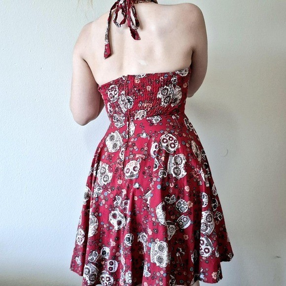 Hell Bunny Red Sugar Skull Halter Swing Dress S M