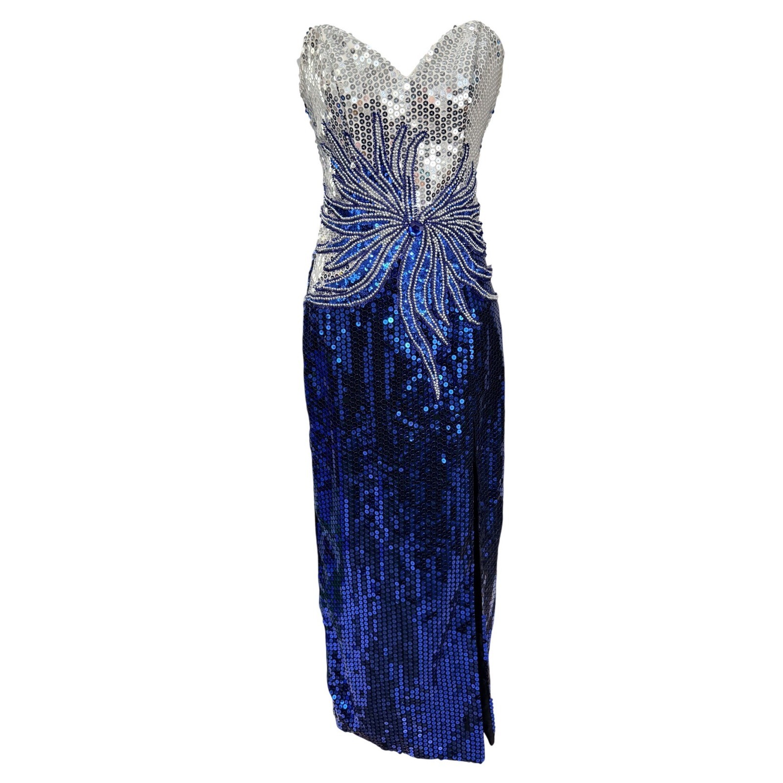 Alyce Designs 80’s Sequin Gown Women Size 6 Blue Silver Vintage Beaded Starburst