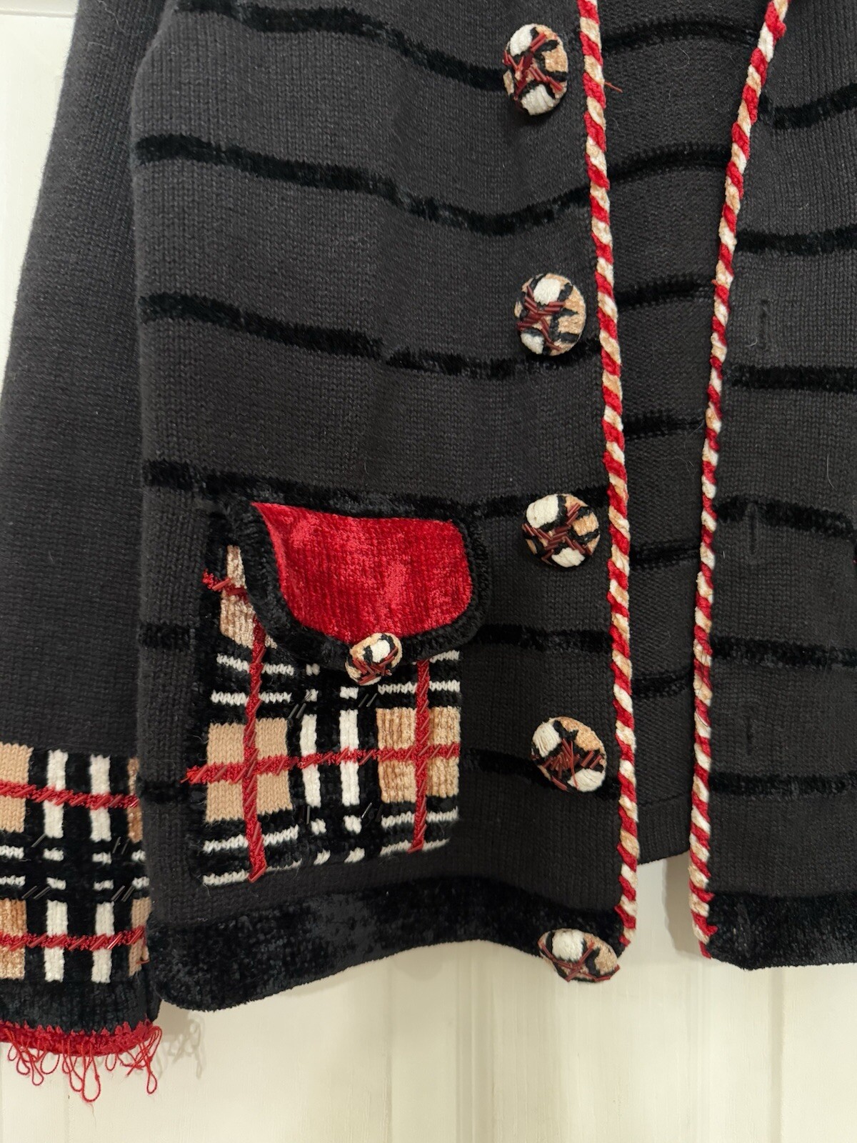 VTG Jack B. Quick Sweater Cardigan Sz M Tartan Pattern Plaid Fringe