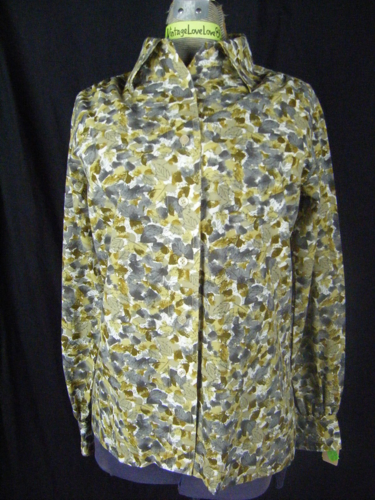 VERA NEUMANN Vtg 70s Grey Brown Leaf Printed Shirt-Bust 39/S-M