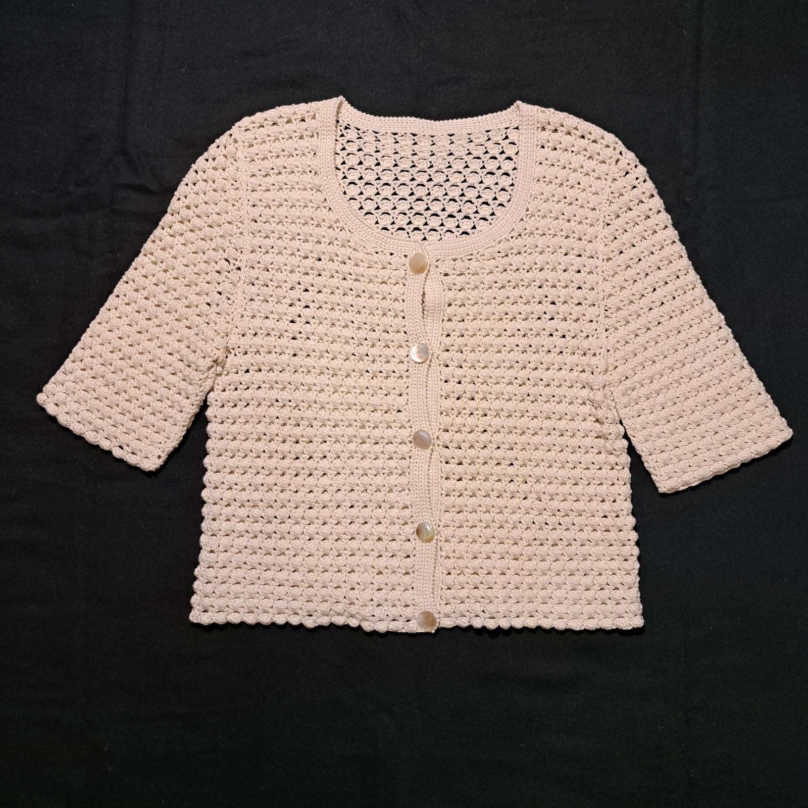 Vintage 80s 90s Handmade Crochet Cardigan Ivory MOP Buttons Ukrainian Handcraft