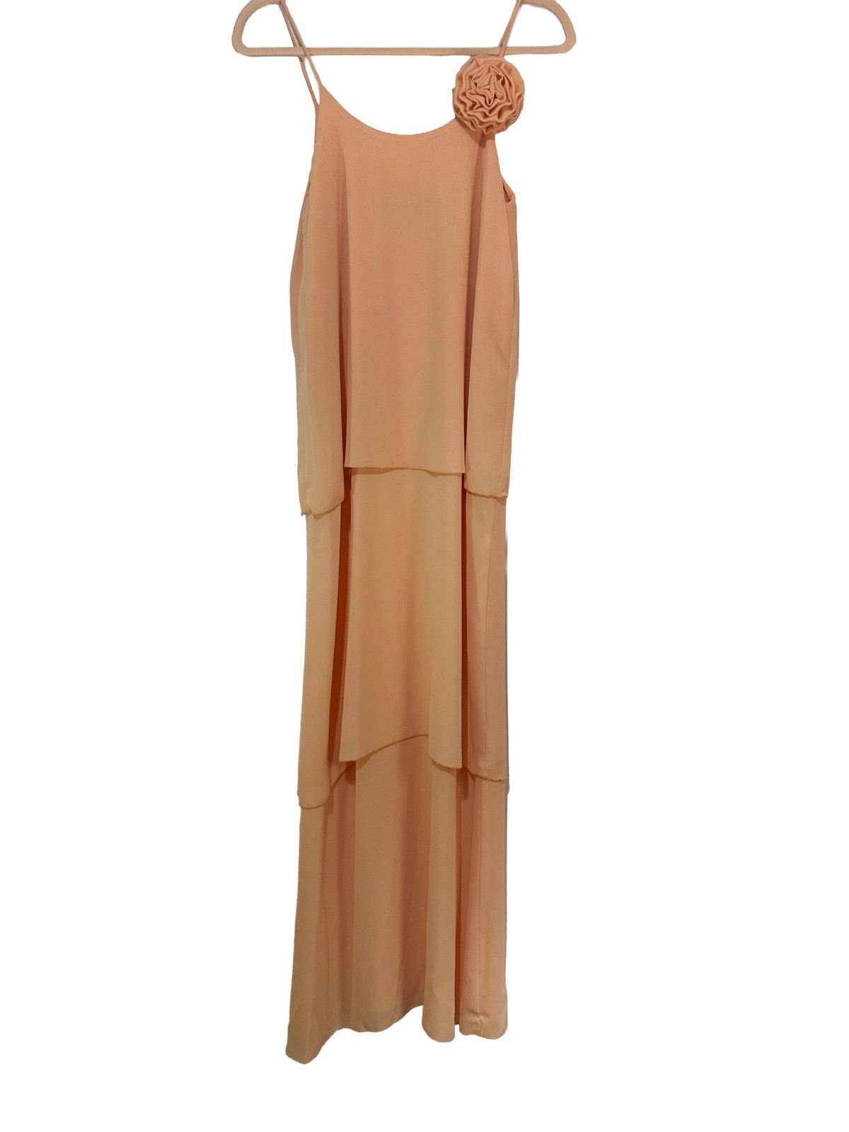 1970s Enrico Serrati Apricot Tiered Chiffon Maxi Dress w Shoulder Rosette Fit xS