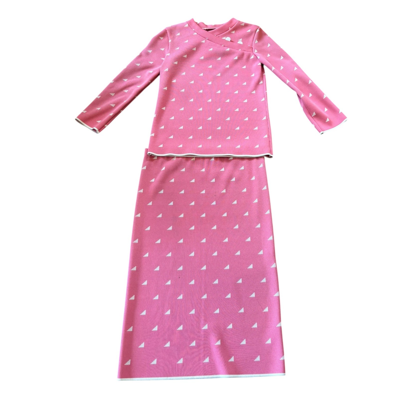 Vintage Pink Geometric Knit Skirt Set Asymmetrical Button Top Midi Skirt Small