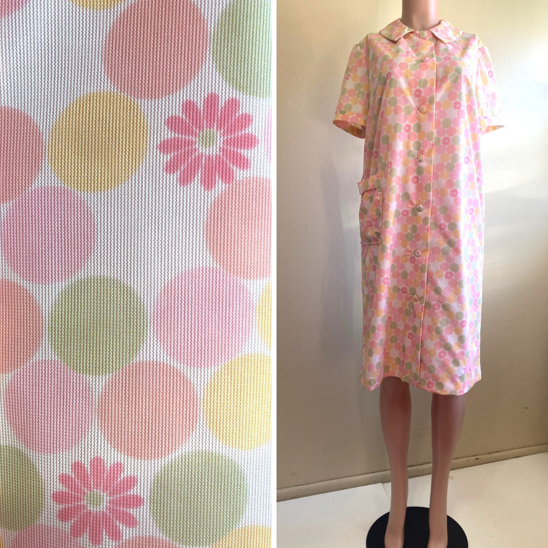 Vintage 60s House Dress L XL Button Up Pastel Nylon Floral Dot SS 1 Pocket MCM