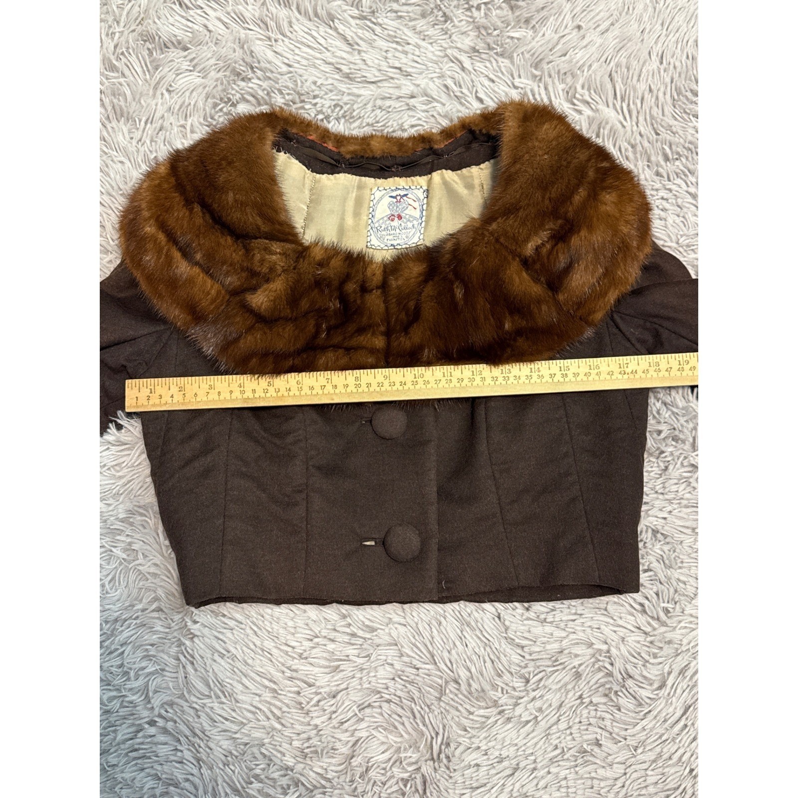 Vintage Ruth McCulloch Brown Wool Cropped Cocktail Jacket Real Mink Fur Collar