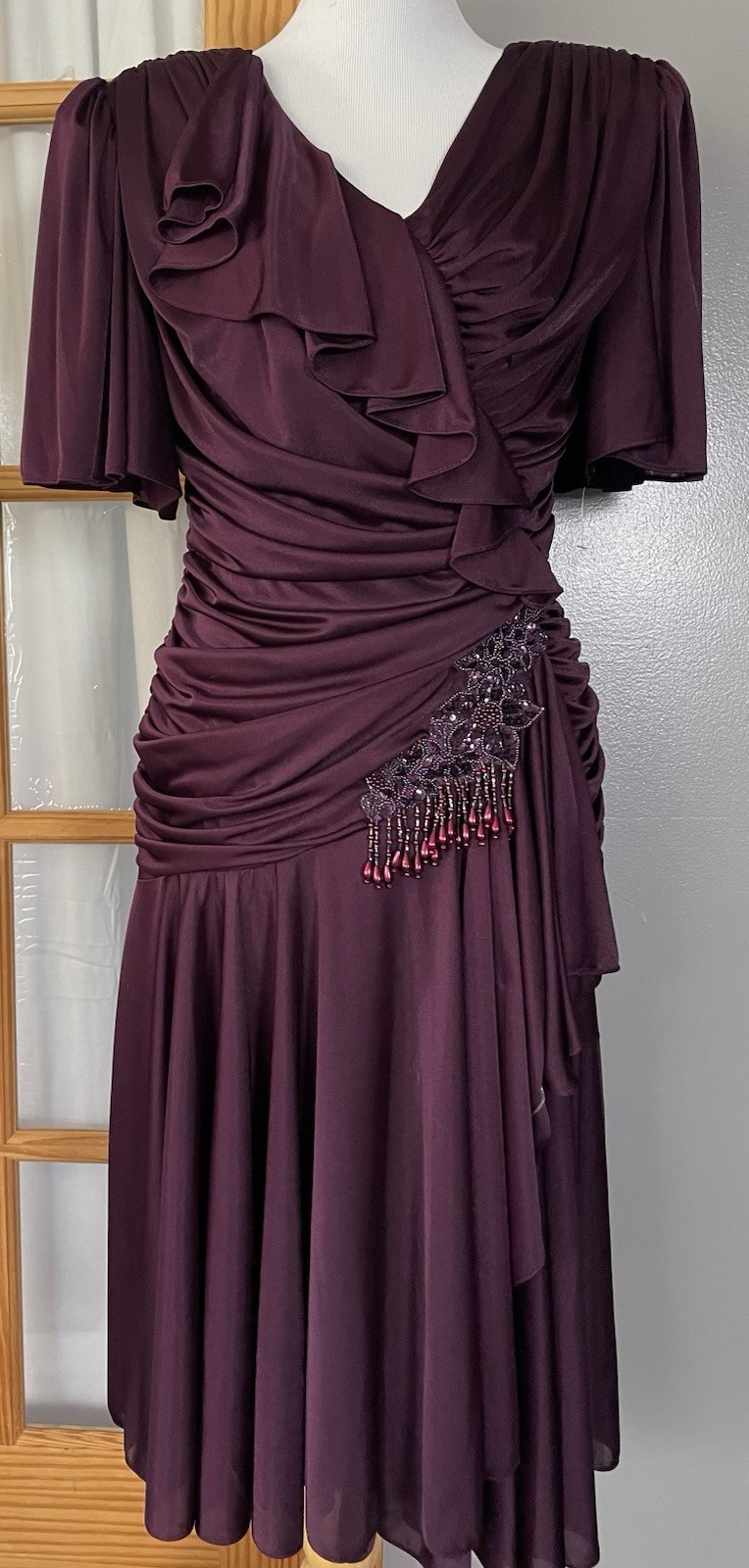 80s Filigree Ltd Ruched Evening Dress Sz 12 Purple Beaded Ruffles Cocktail USA