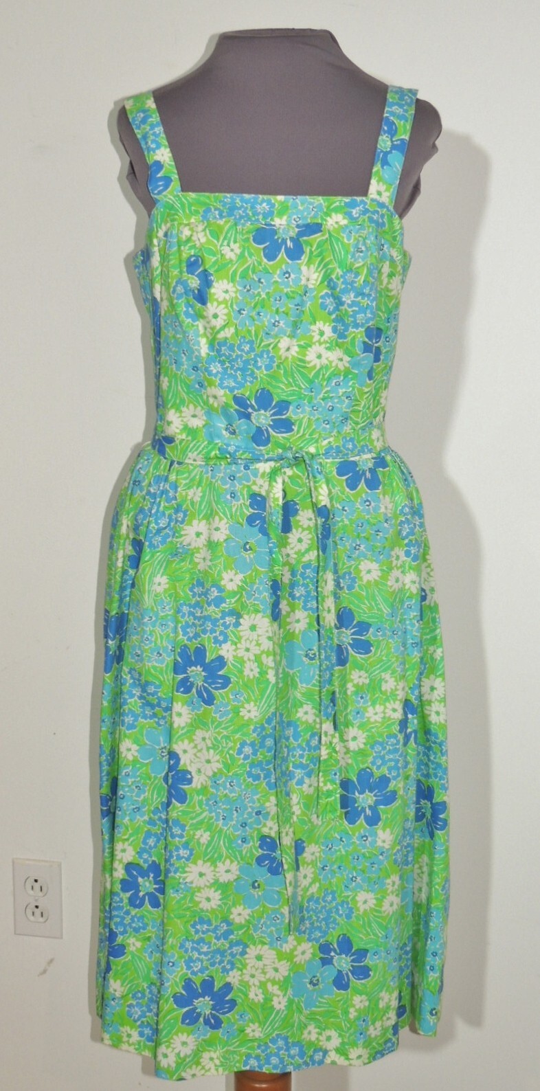 1970’s Sea Waves Blue / Green Print Cotton Sun Dress Sm – MED