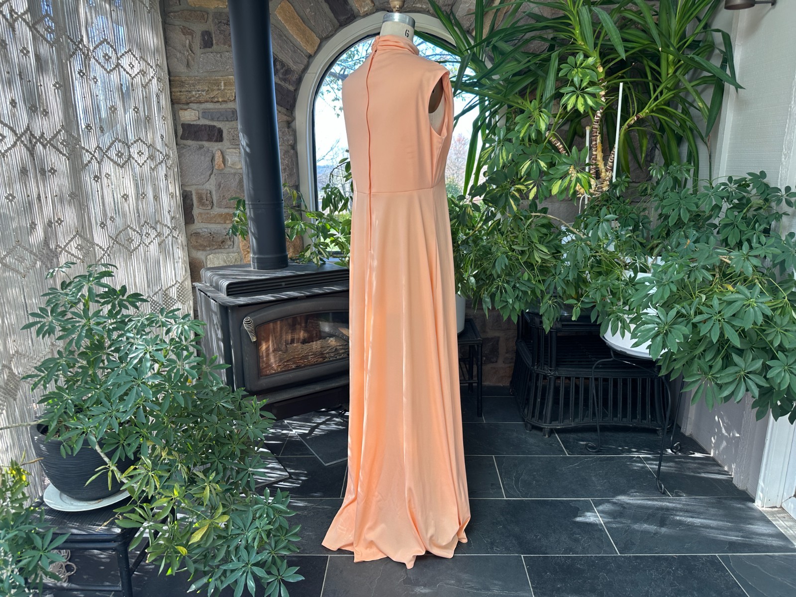 Vintage 1970s Peach Knit and Lace Formal Maxi Dress