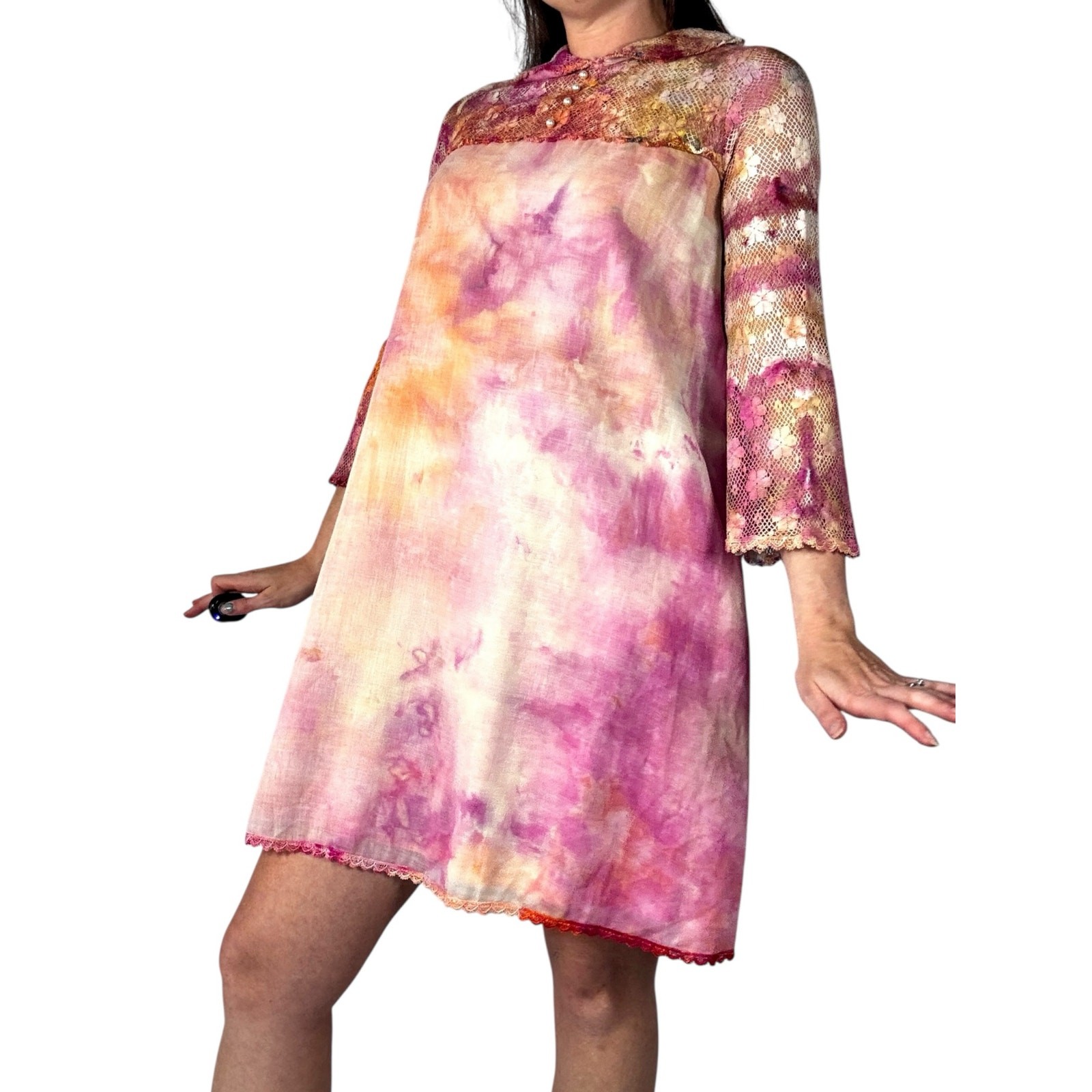 Vintage 1960s Hand Dyed Pink Orange Ice Dye Shift Dress Bell Sleeves Lace Yoke