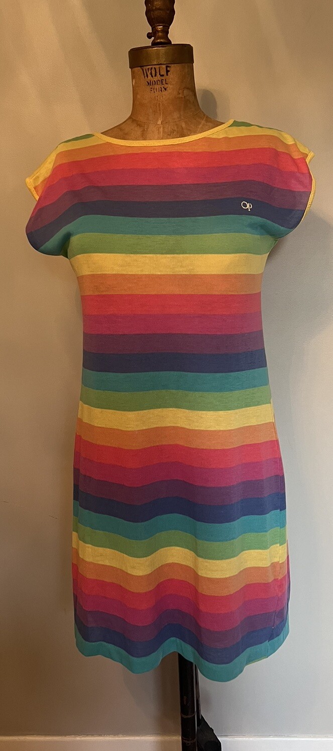Rare Vintage 1980’s OP Ocean Pacific Rainbow Stripe T-shirt Dress USA Small