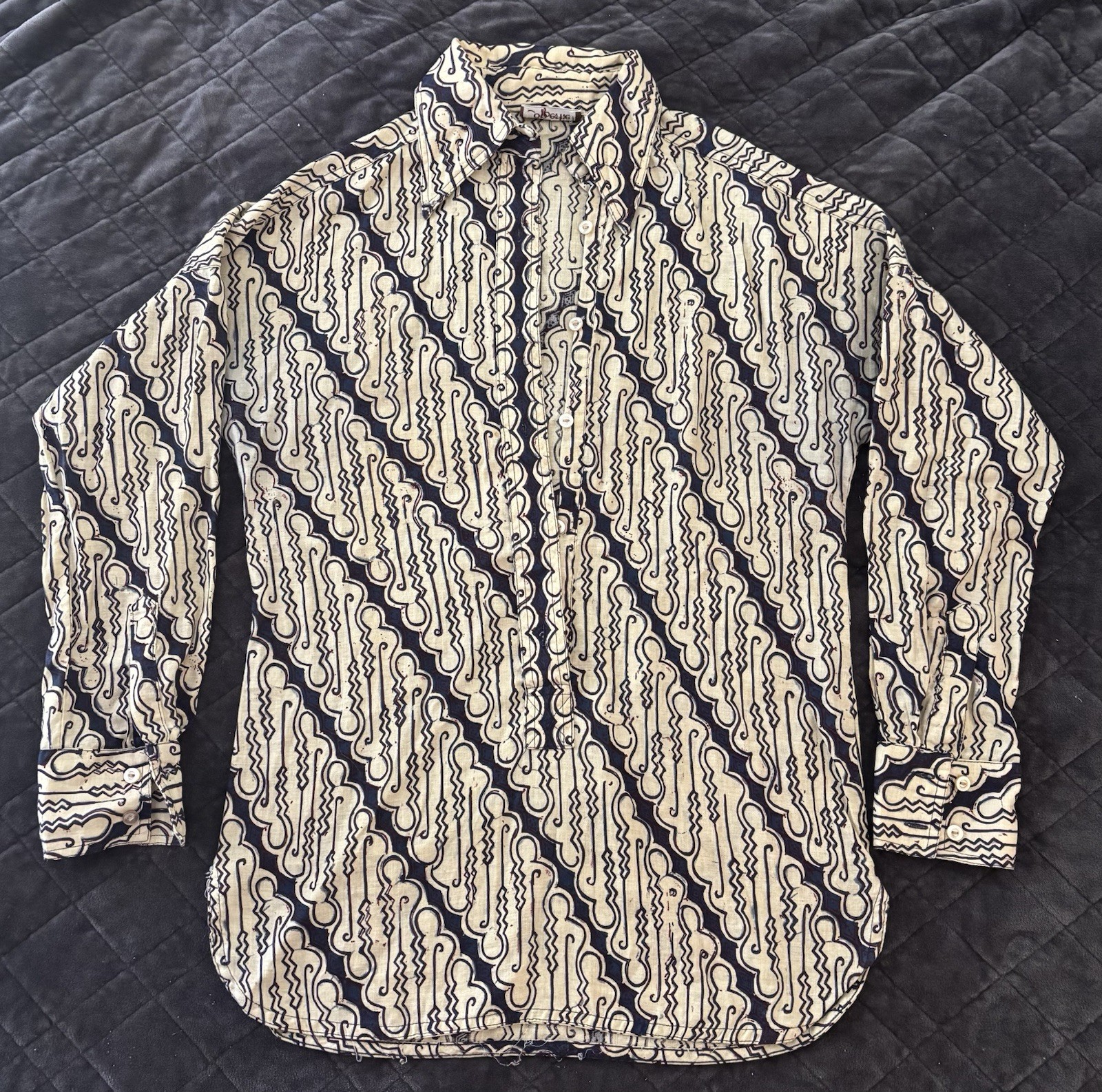 Vintage 70’s Copperfield Tunic Top – Cream And Navy With Unique Pattern – XS/S