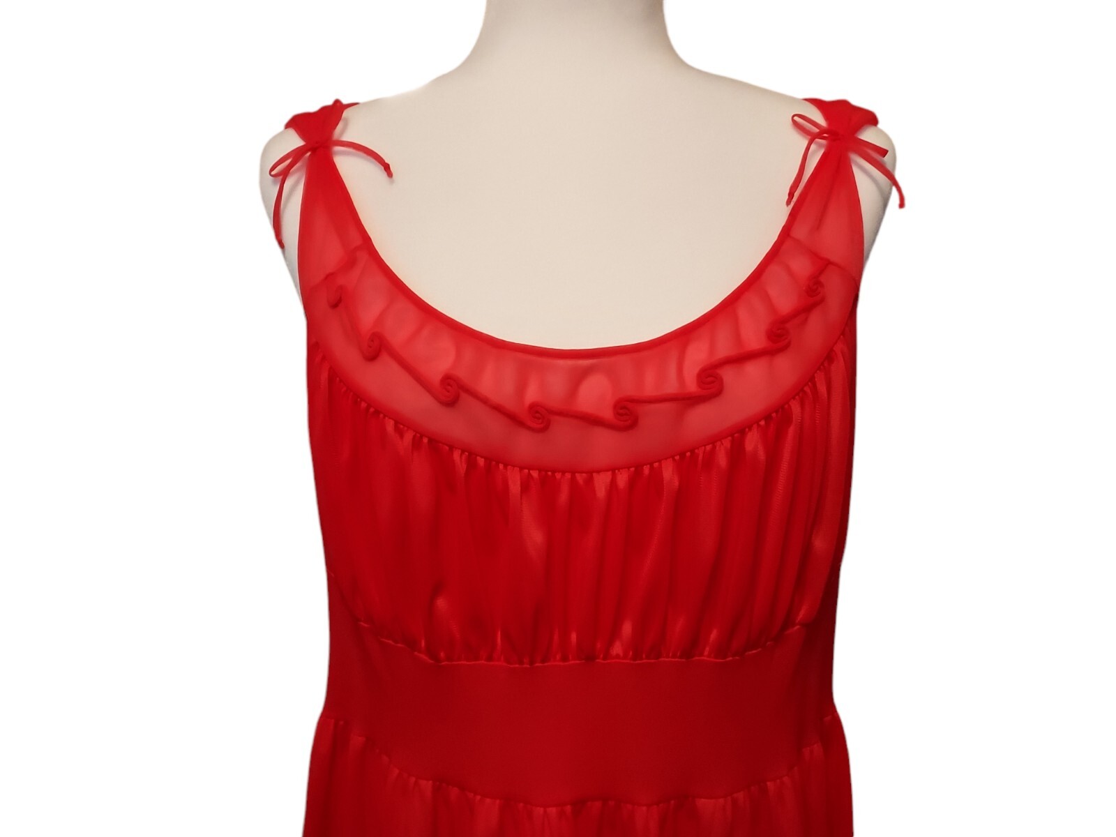 VTG Gotham Gold Stripe Red Soft Nylon Nightgown Size 38 60s Scroll Gathered Bust