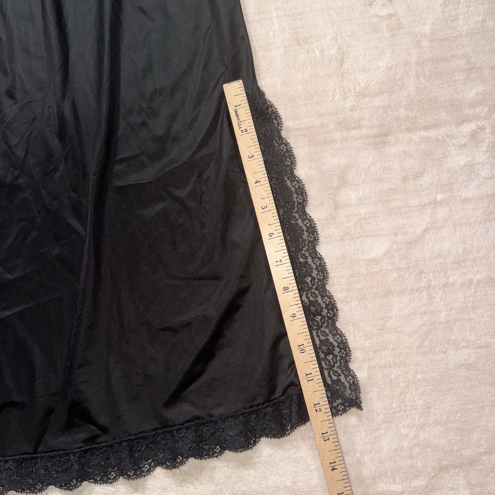 Vintage Velrose Black Maxi Slip Medium 36” Nylon Lace Trim Elastic Waist USA