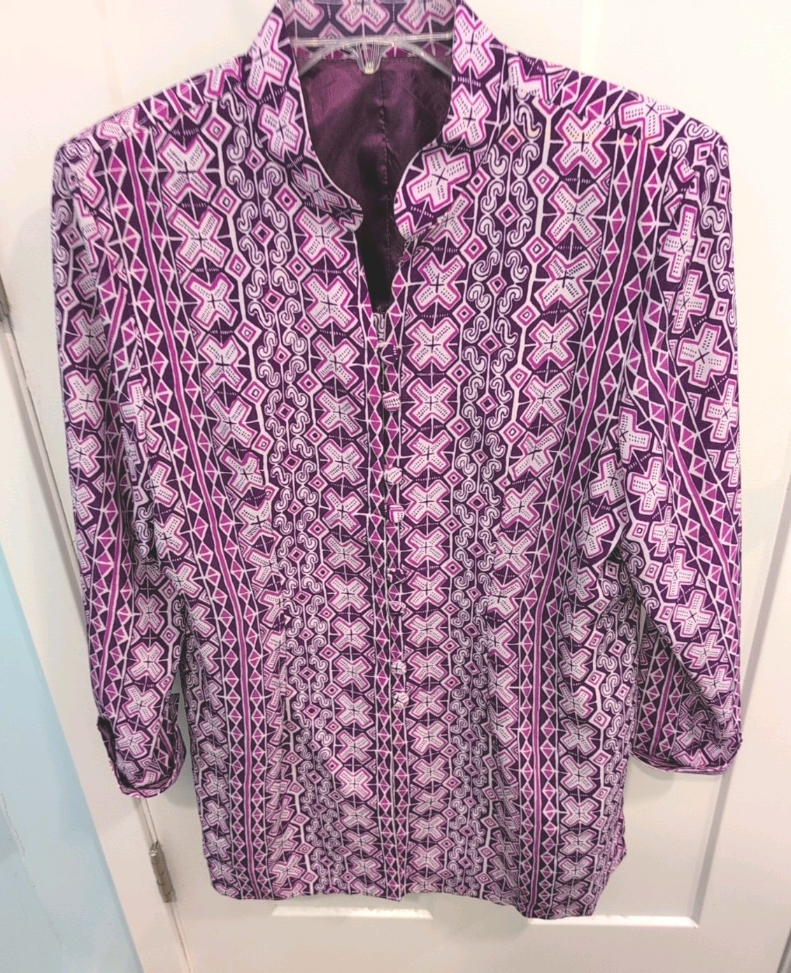 Vintage Hand Tailored Women’s Nehru Style Jacket Purple And White Knit No Tags