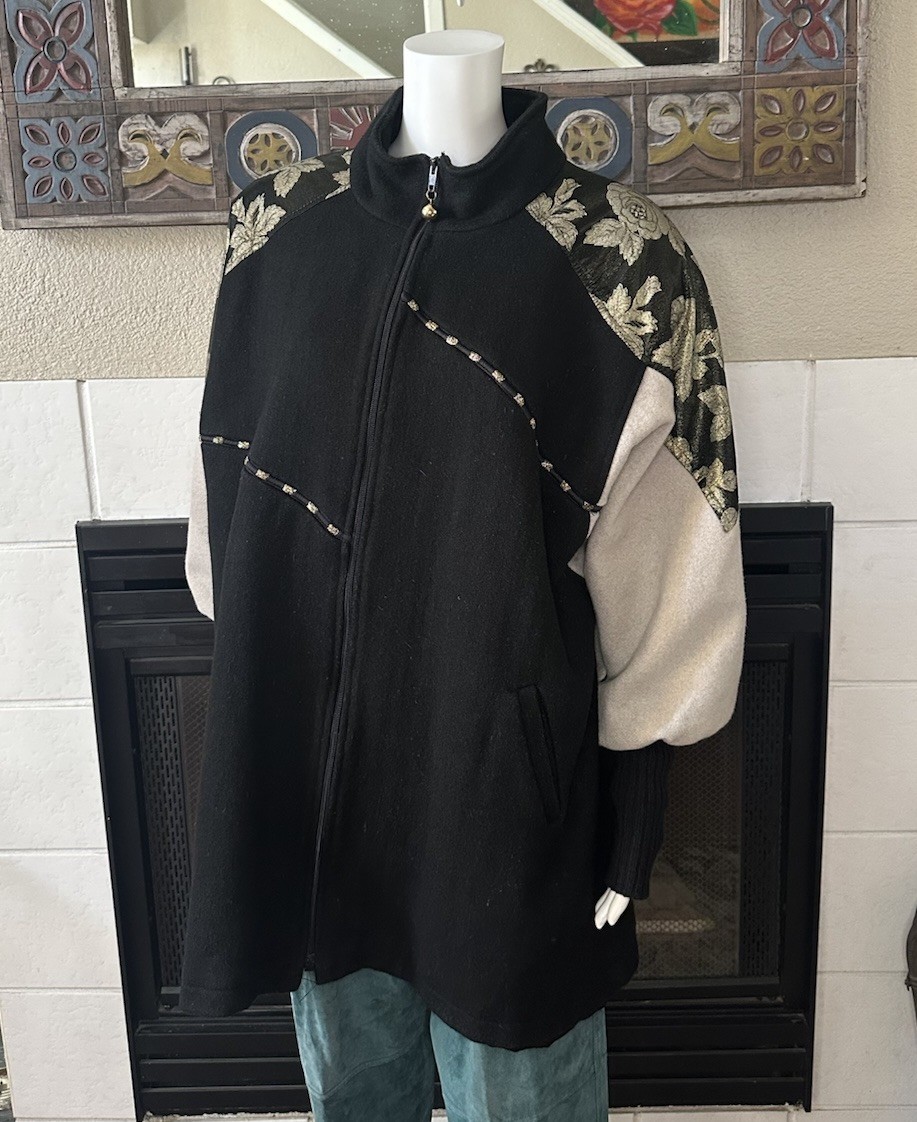 Vtg Wool Coat XL Lady Suzette Black Gold 80s Glam Zip Up Jacket Bat Wing Sleeves