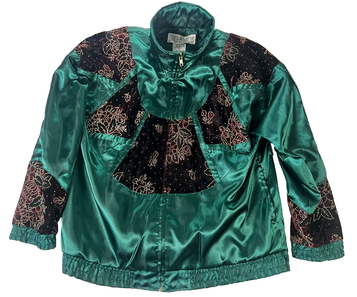 Vintage 1995 Lavon Emerald Green Satin Jacket Black Velvet Floral Petite Medium