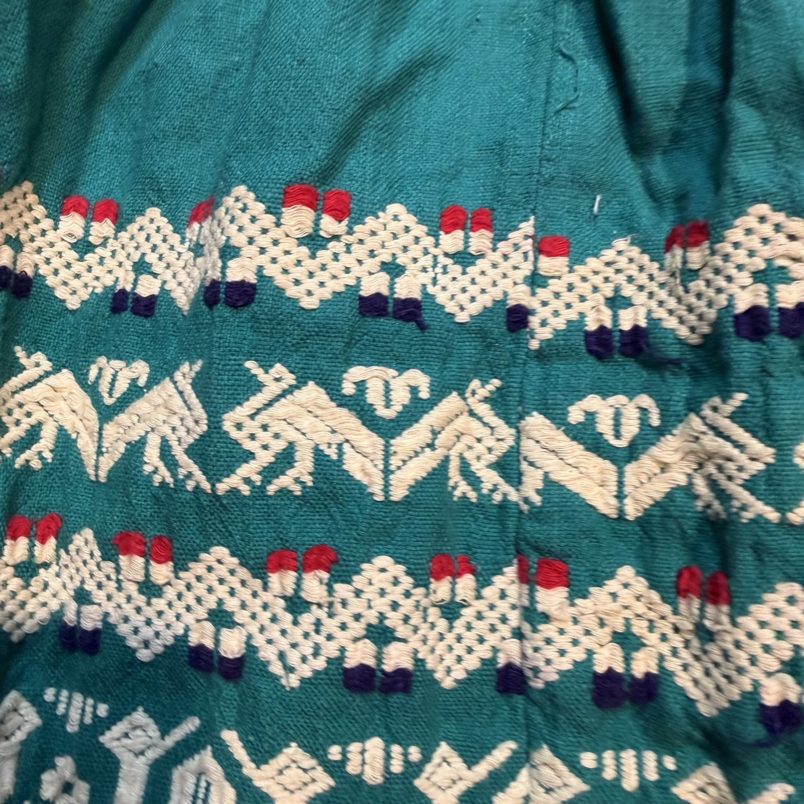 Guatemalan Handmade Woven Traditional Dirndl Skirt Size XS Green Red White Bird