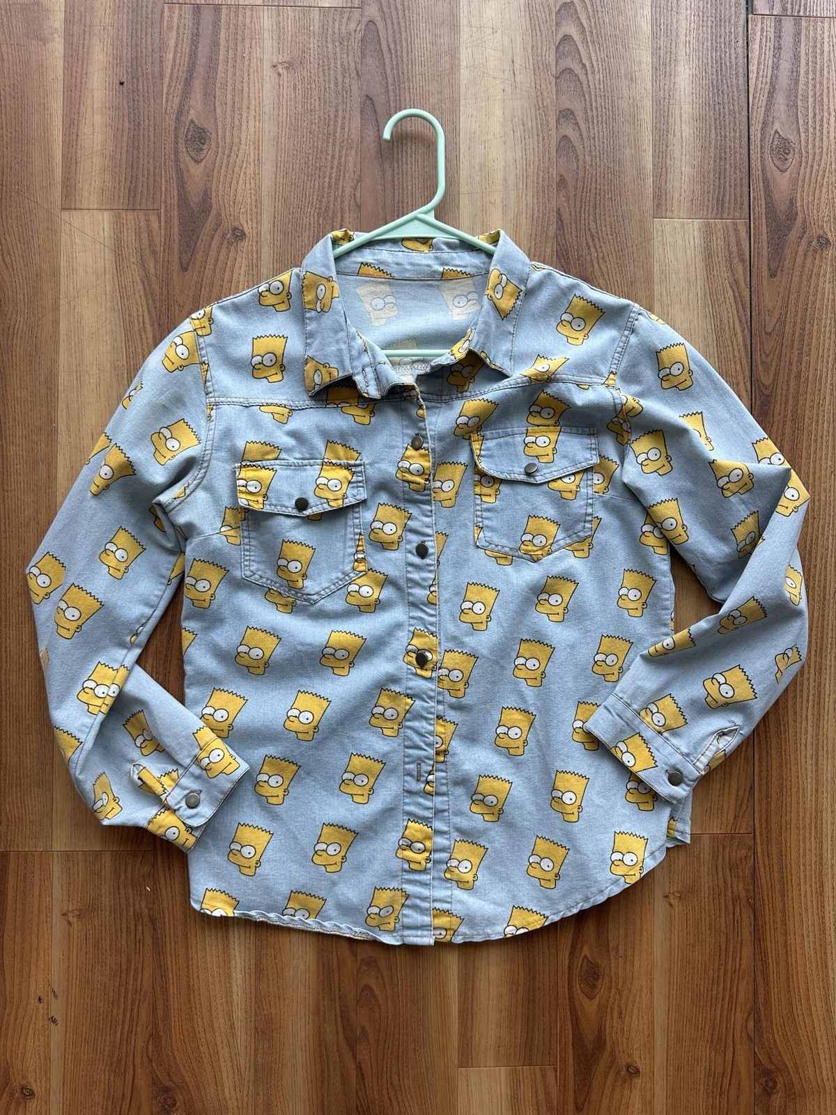 Vintage Bart Simpson Shirt Womens M Blue Denim Graphic Button Front Long Sleeve