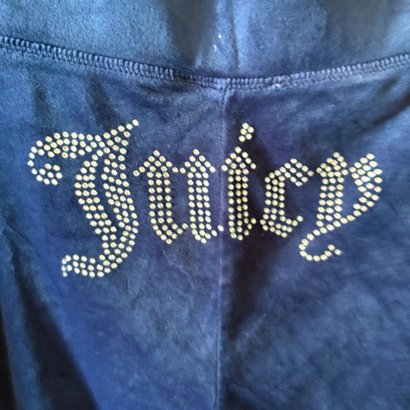 Juicy Couture Navy Blue Velour Track Pants with Rhinestone Spell Out in Size M