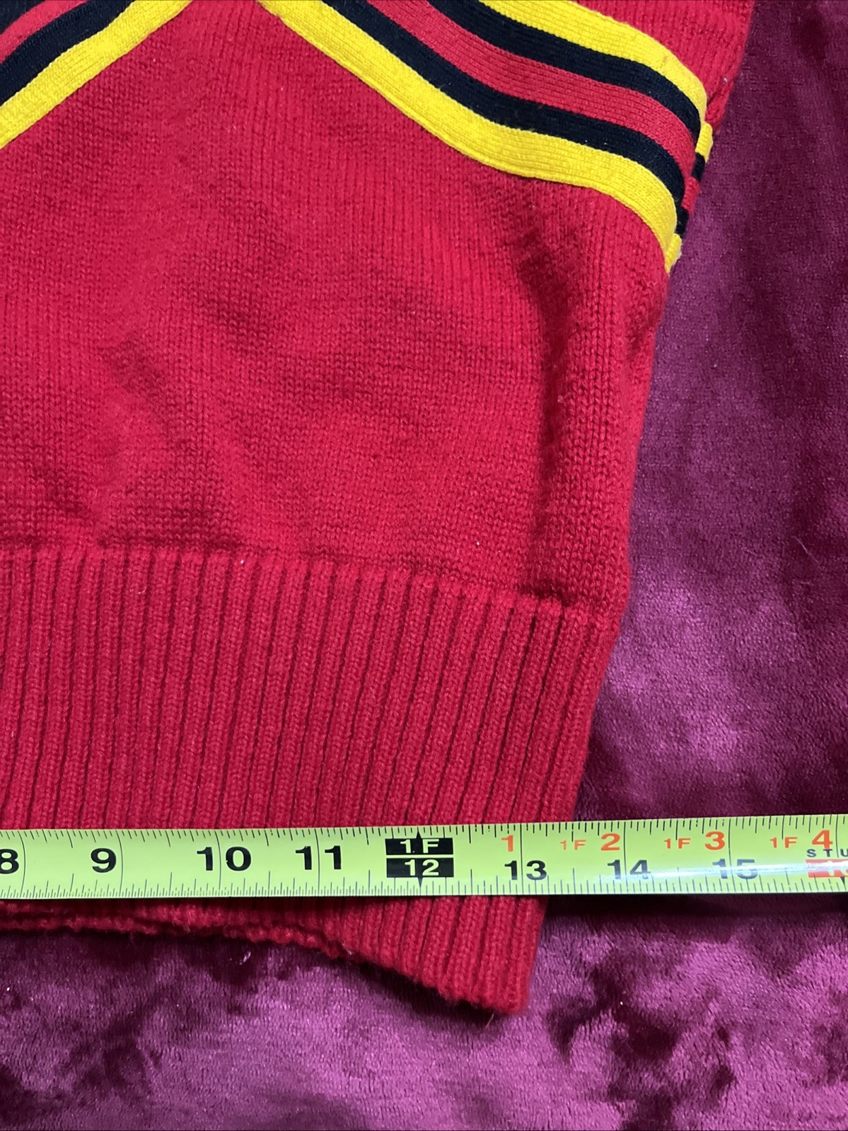 Vintage 80s Cheerleader Knit Sweater Red Black Gold Striped USA Made Medium