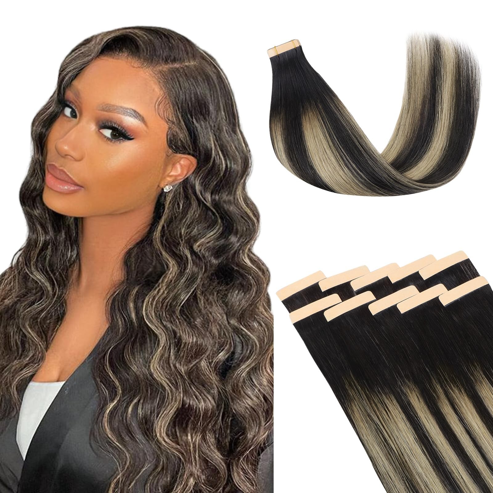 Lashey Tape-in Hair Extensions 16″ Straight Balayage Black 25g 10pcs Human Hair