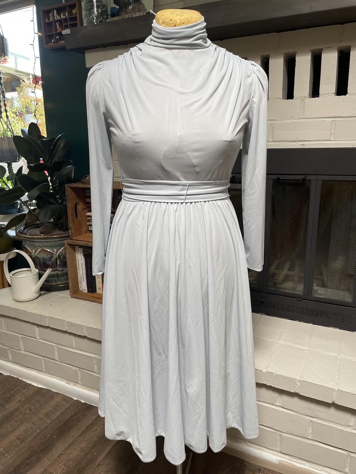 Vtg 70s Icy Blue Polyester Dress Secretary Disco Semi Sheer Puff Sleeve Petite 6