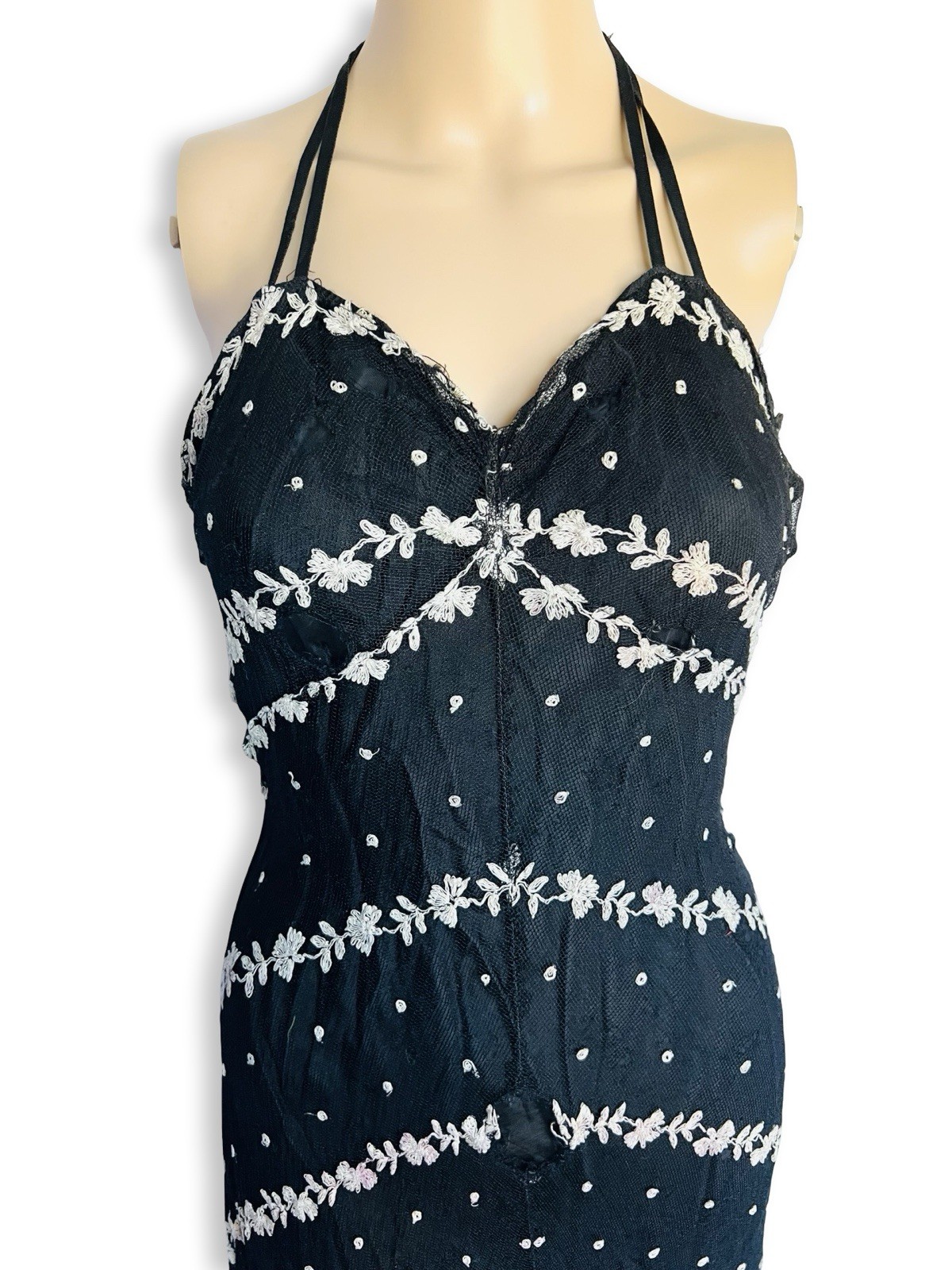 Vintage 1930s Black Mesh White Eyelet Lace Bias Cut Gown Dress Small XS As Is