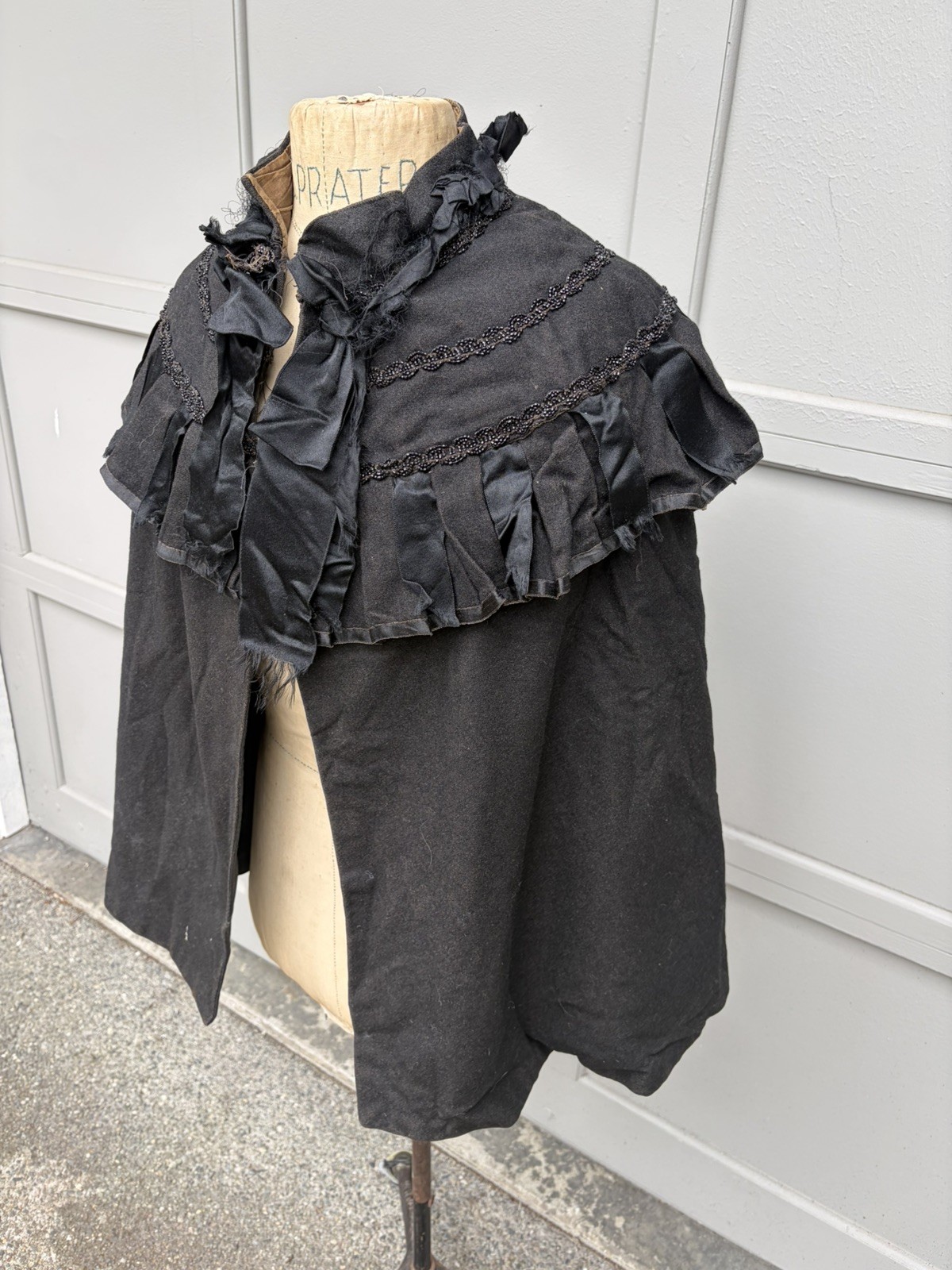 Antique Victorian Black Wool Beaded Evening Cape Capelet Cloak Mourning 1800s