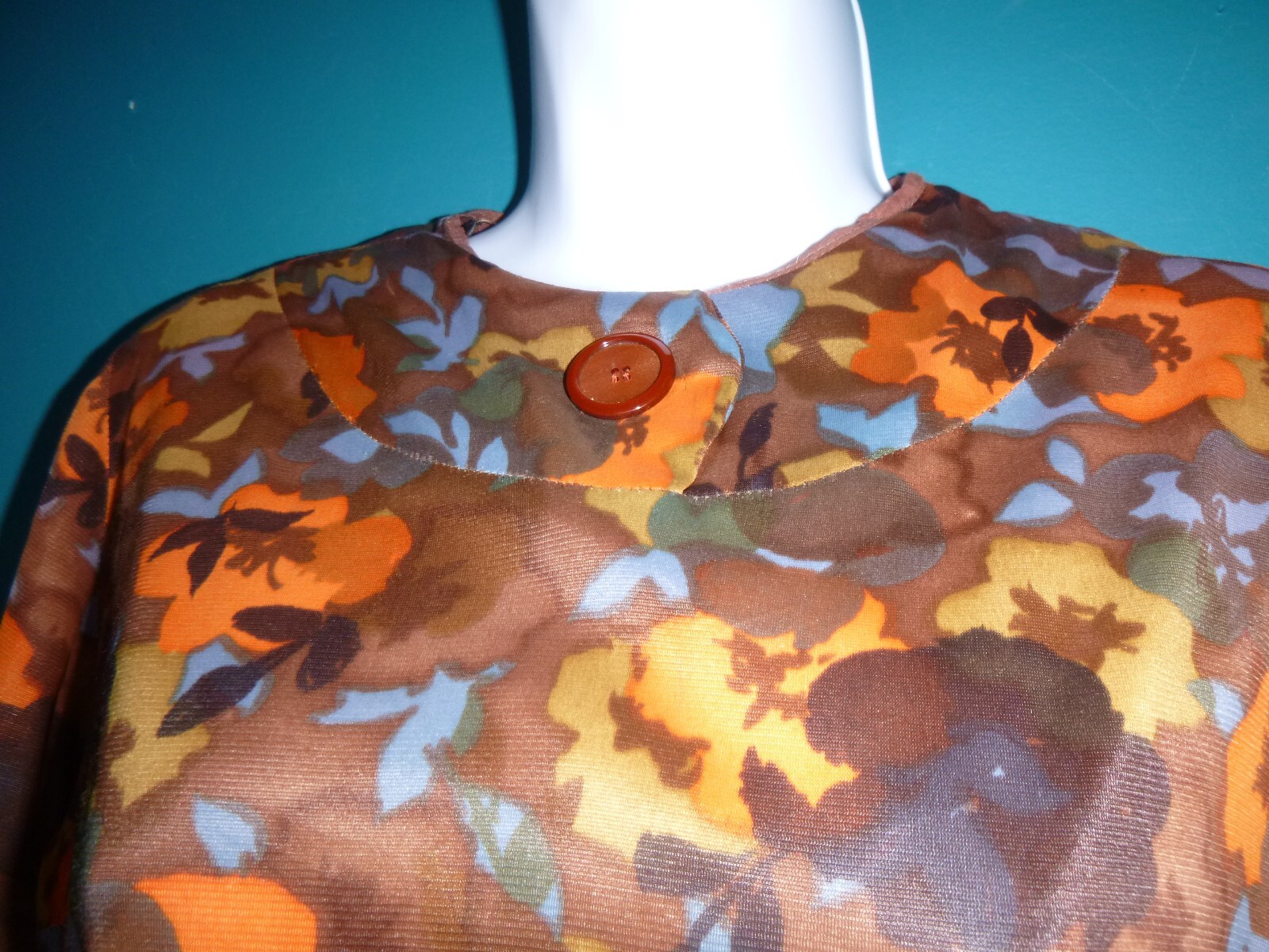 Vtg 60s Nylon Stretch Fabric Dress Multi Color Brown Orange Floral Sz S/M