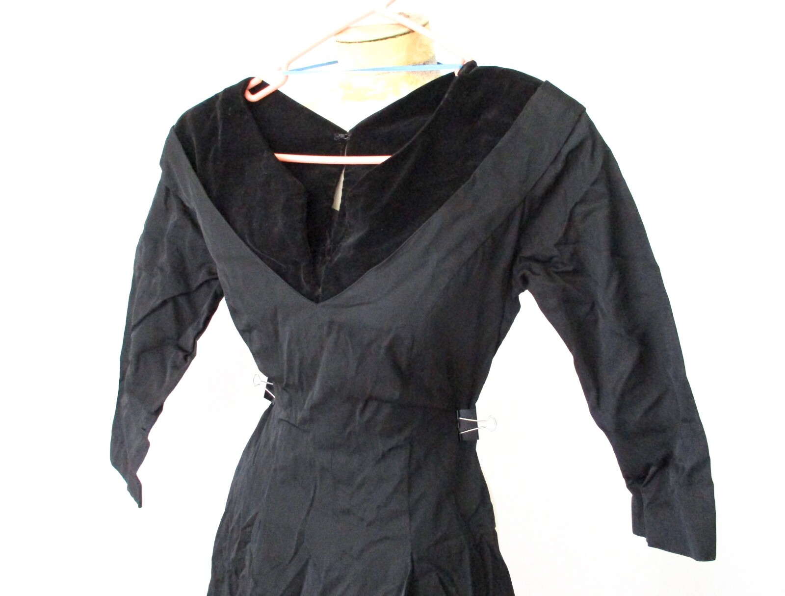 Classic vtg 50s black taffeta swing rockabilly portrait dress velvet yoke S/M